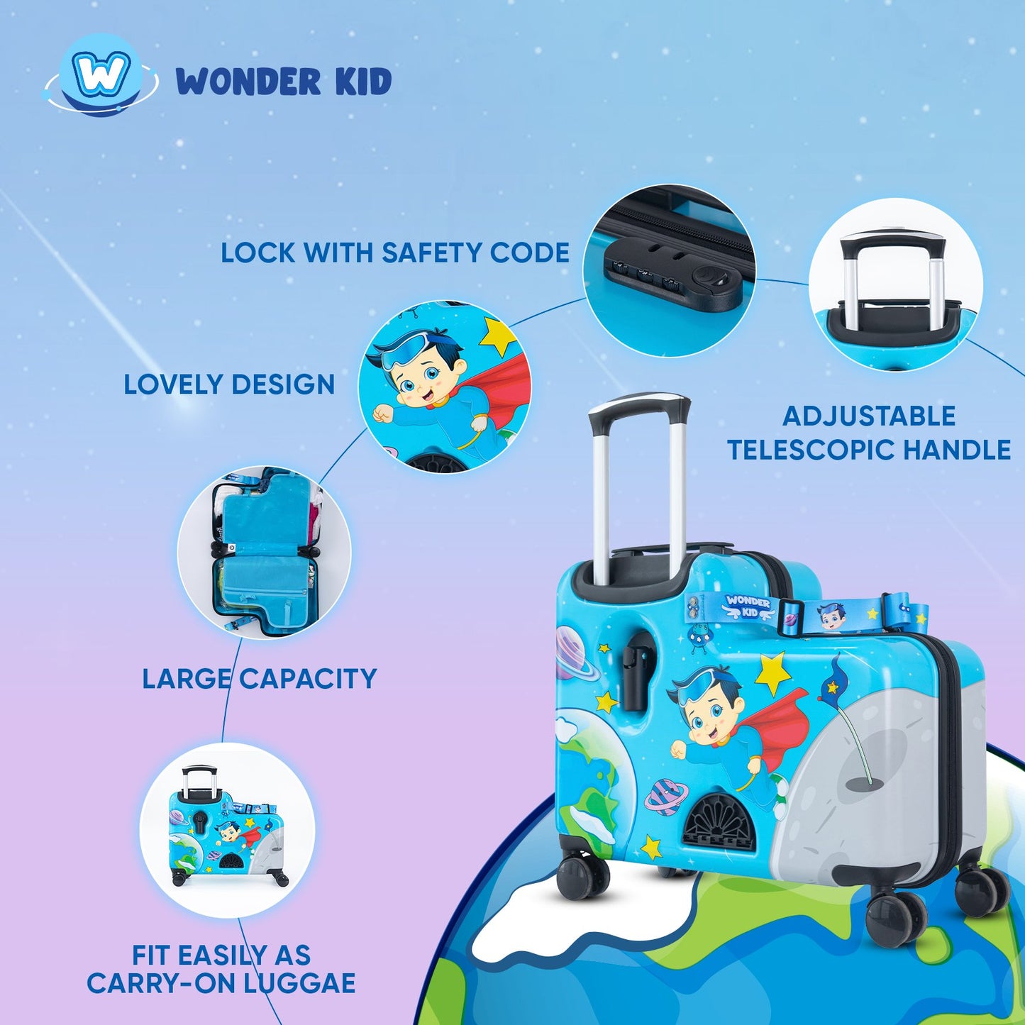 Combo Galaxy Boy & Wonder Girl Sit - On Luggage/Blue & Purple - COMBO 10%OFF